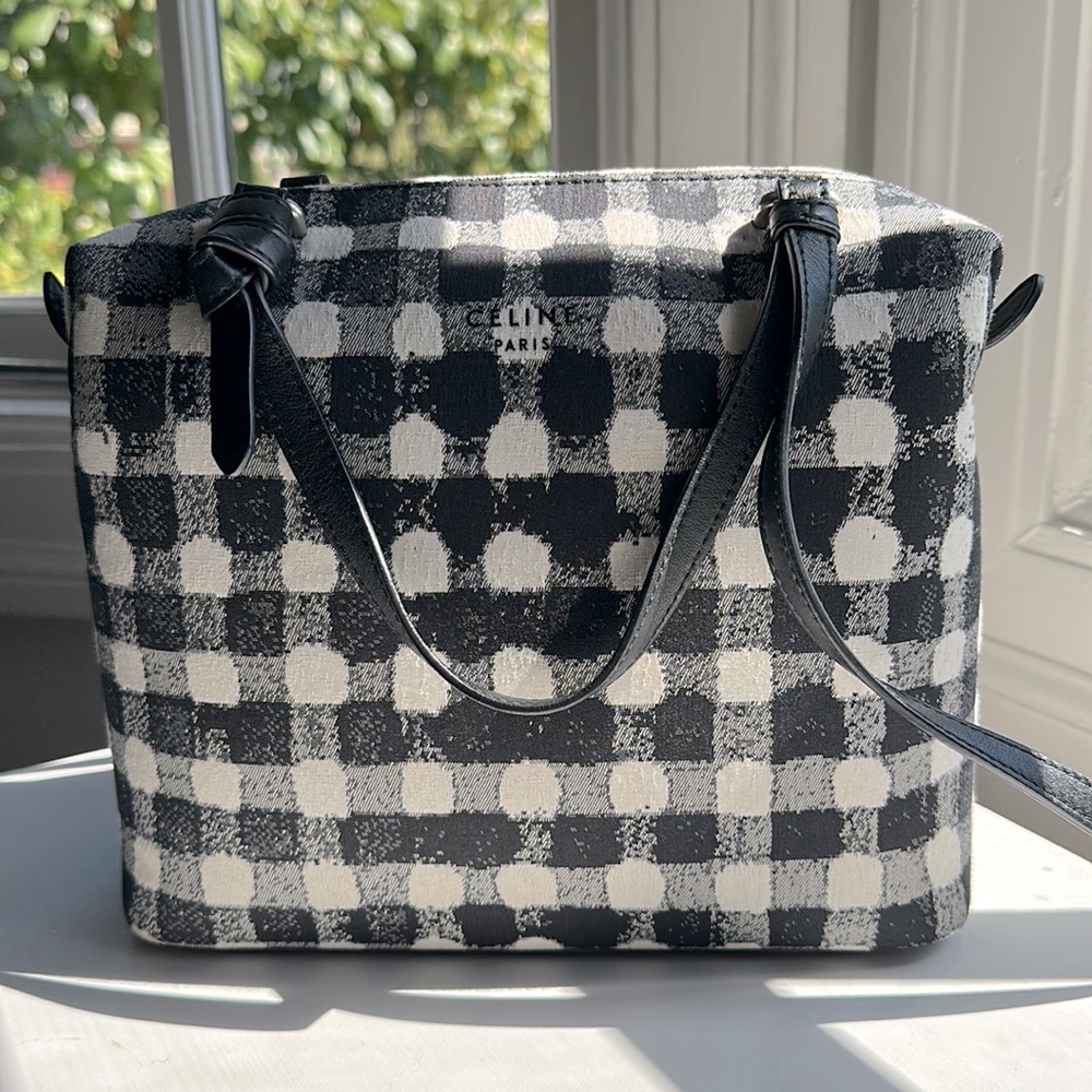 CELINE Canvas Calfskin Small Soft Cube Satchel in Vichy